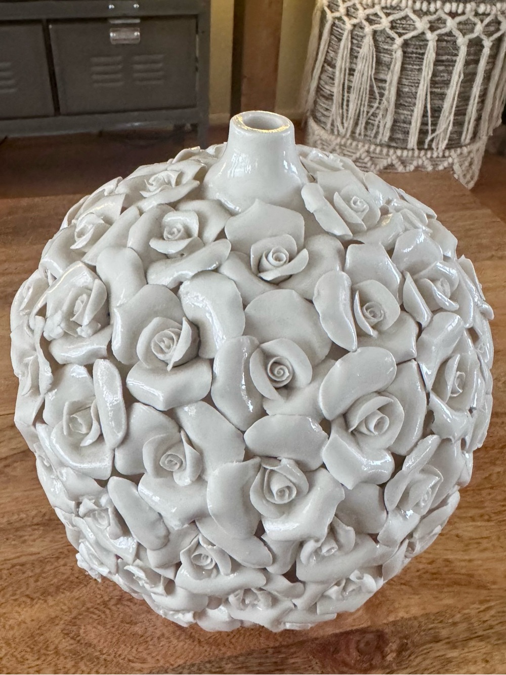 White Ceramic Rose Sphere Vase - Decorative Home Accent